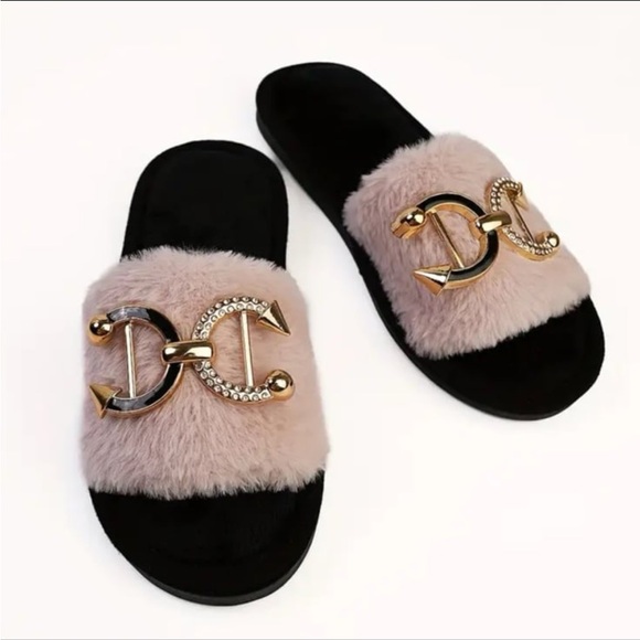 Shoes - Glam Blush Faux Fur Slide Slippers w/ Gold Statement Hardware Boutique Cozy Luxe